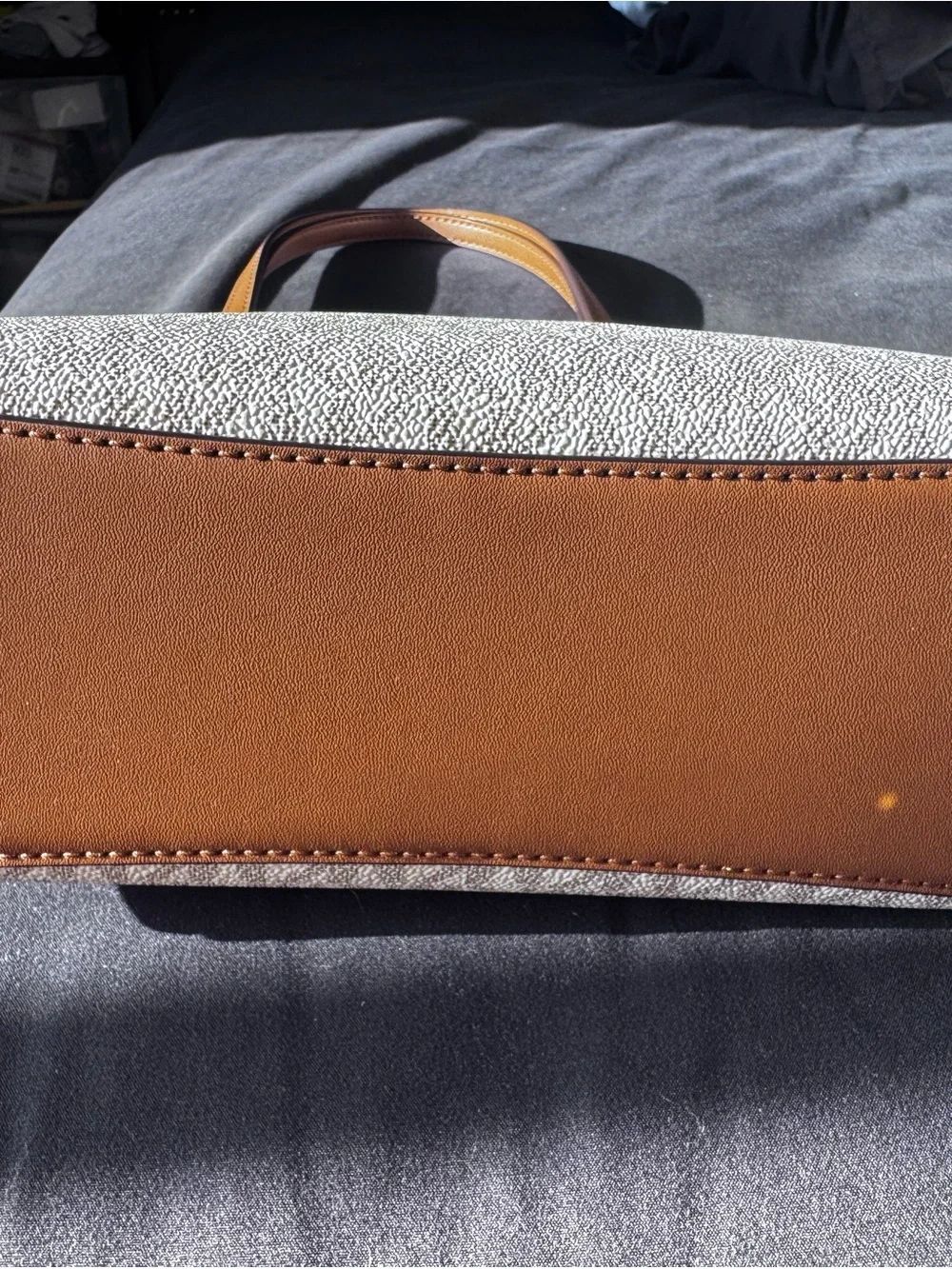 Michael Kors Cream/Light Gray Monogram Tote with Brown Handles